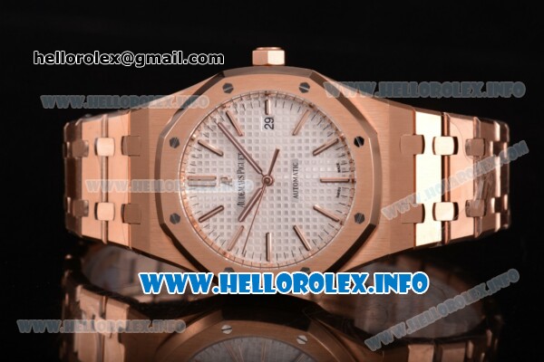 Audemars Piguet Royal Oak 41 MM Clone AP Calibre 3120 Automatic Rose Gold Case/Bracelet with White Dial and Stick Markers - 1:1 Original (JF) - Click Image to Close